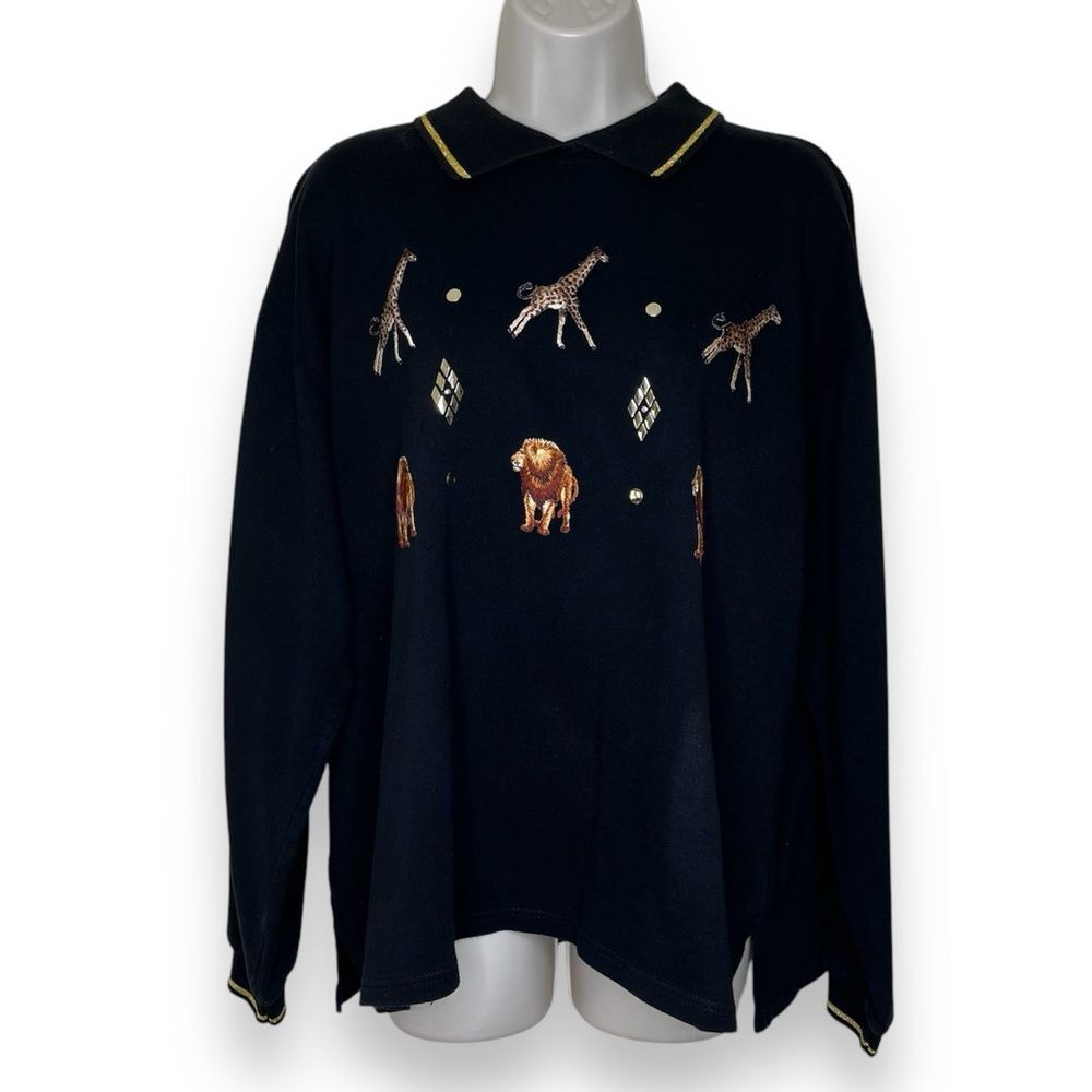 Vintage Tia Designs Giraffe Lion Embellished Black French Terry Top Women XL